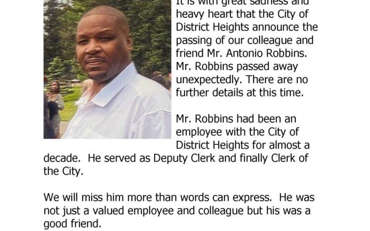 Antonio Robinson  District Heights City Clerk Passed Away 